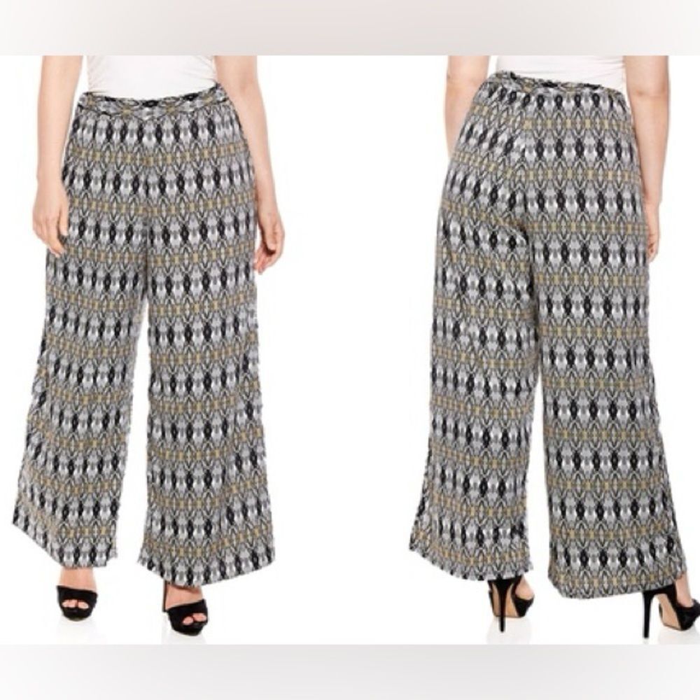 Mlle Gabrielle Black White Printed Palazzo Wide Leg Pull On Elastic Waist Pants